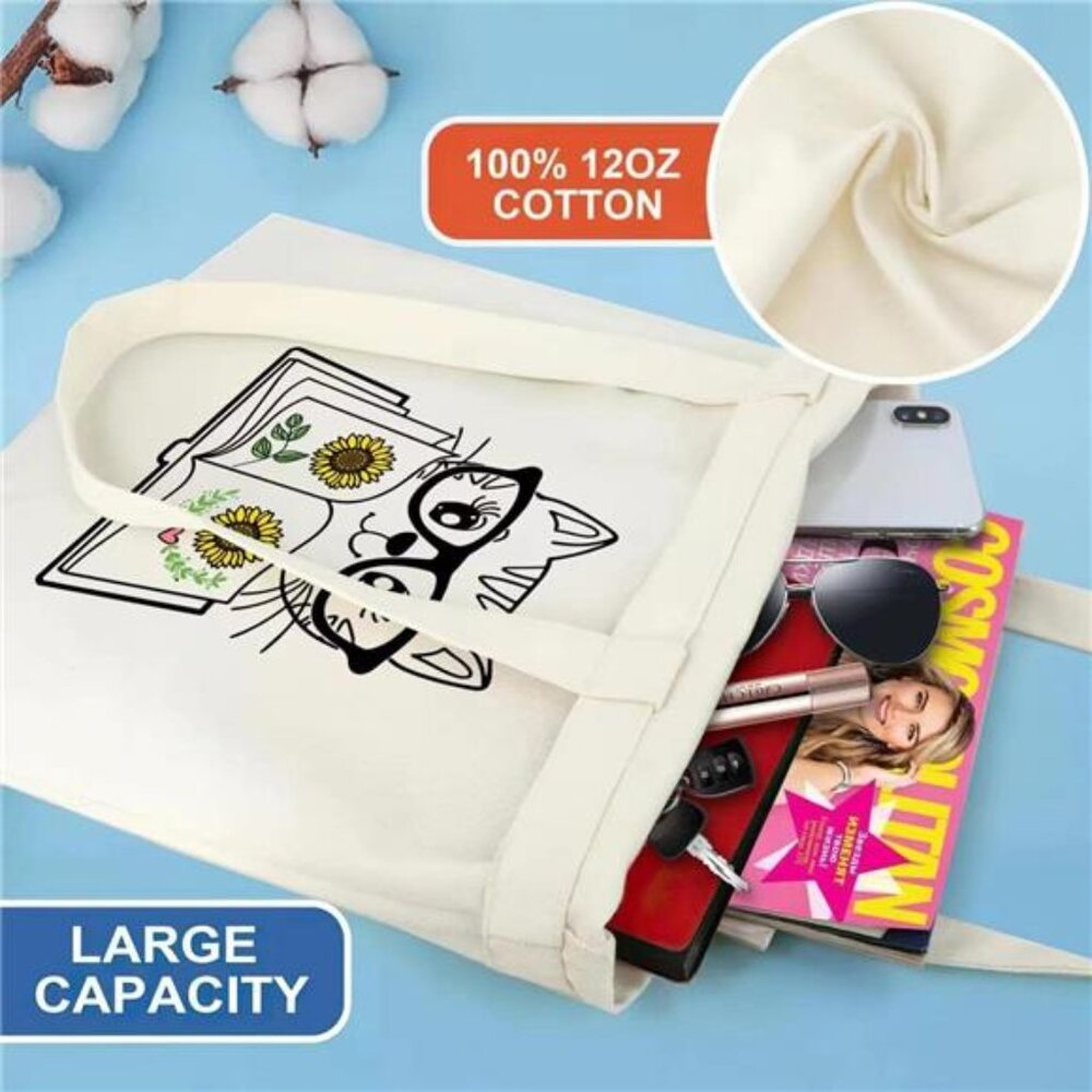Canvas Tote Bag for Women Aesthetic Cute Cat Shopping Grocery Reusable Bag - Picture 5 of 6